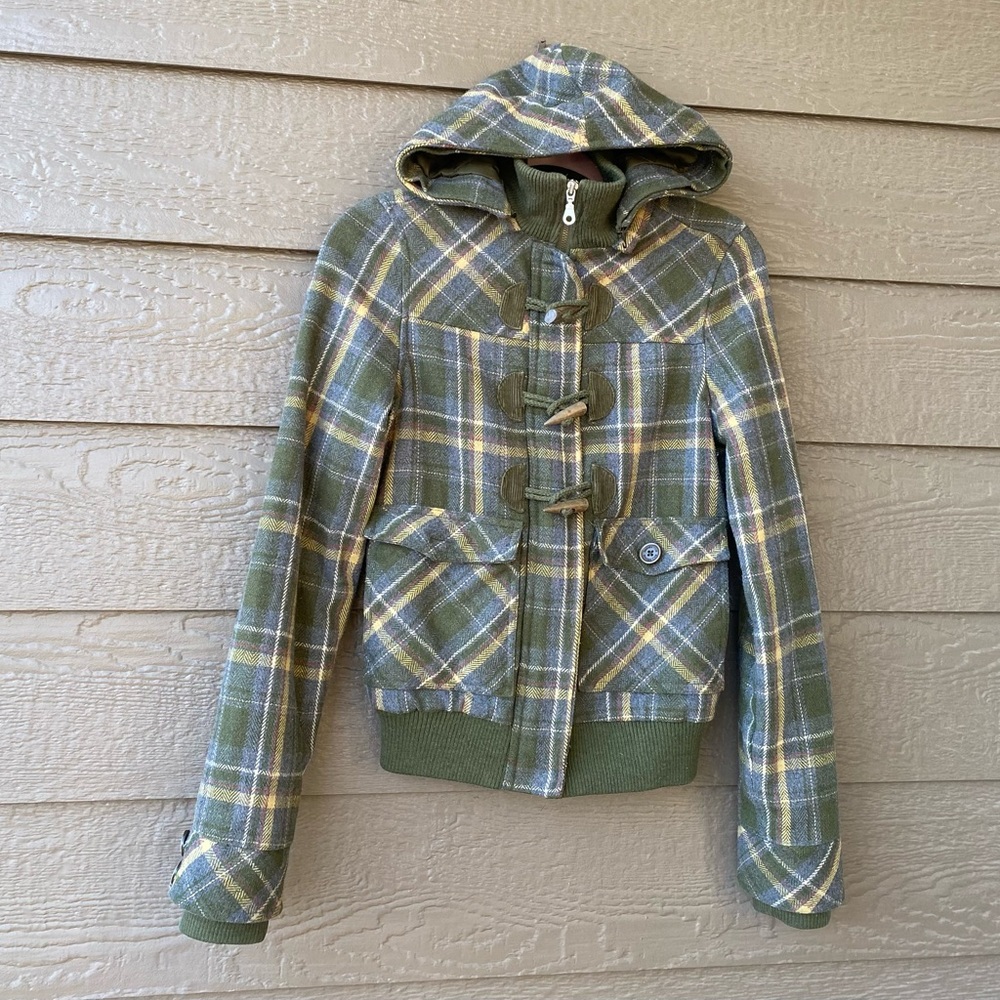 Billabong Olive Green Plaid Wool Blend Lined Hooded Women Jacket